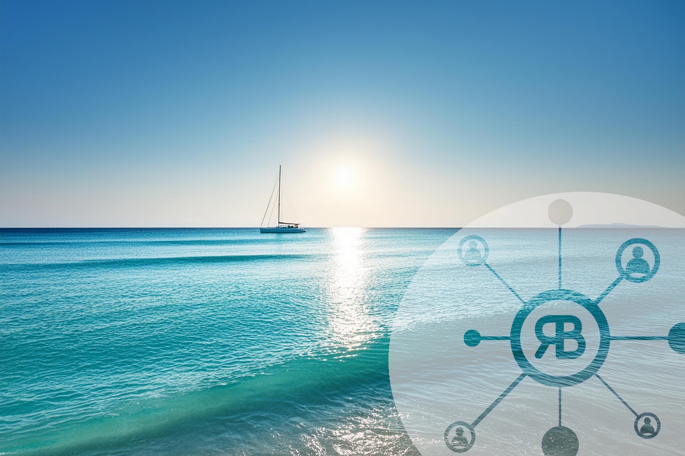 Transformation digitale en été soleil brillant, mer calme et voilier dans le lointain avec logo RB Consulting